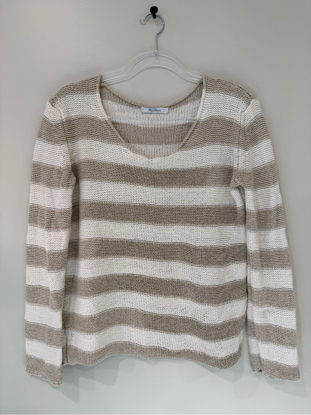 Max Mara Palazzi Striped Linen Cotton Knit V-Neck Sweater